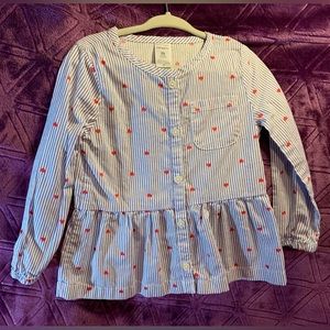 Carter’s, girls 2T, buttons, long-sleeved shirt, white, blue stripes, red hearts